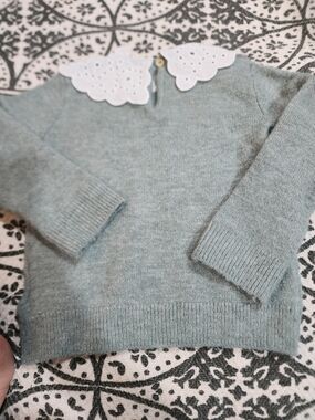 H&M Sage Green Crewneck Sweater with White Eyelet Collar 2 T